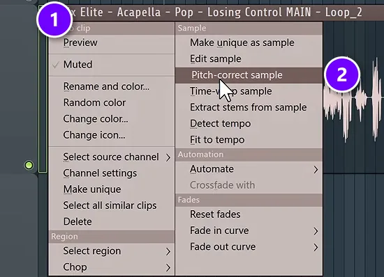 FL Studio Playlist audio clip menu numbered 1 with Pitch-correct sample numbered 2