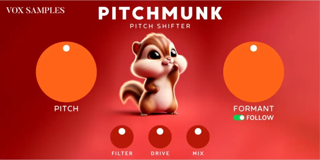 Pitchmunk by Vox Samples with its Pitch and Formant knobs, Follow switch and Filter, Drive and Mix knobs