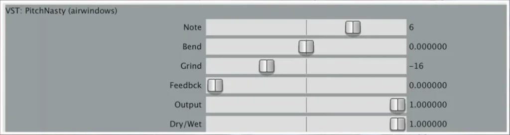 Airwindows PitchNasty plugin window with its Note, Bend, Grind, Feedback, Output and Dry/Wet sliders