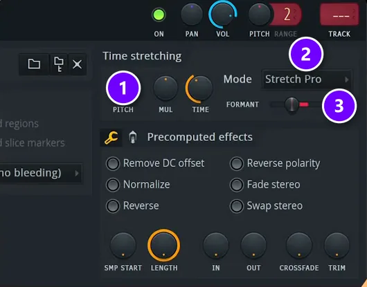 FL Studio Sampler Time stretching section with the PITCH knob numbered 1, Mode set to Stretch Pro numbered 2 and the FORMANT slider numbered 3