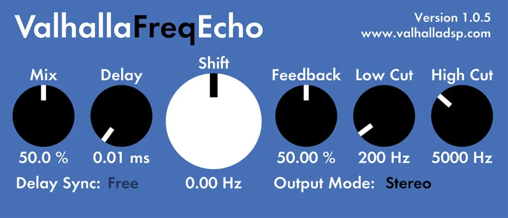 Valhalla Freq Echo with its Mix, Delay, Shift, Feedback, Low Cut and High Cut knobs
