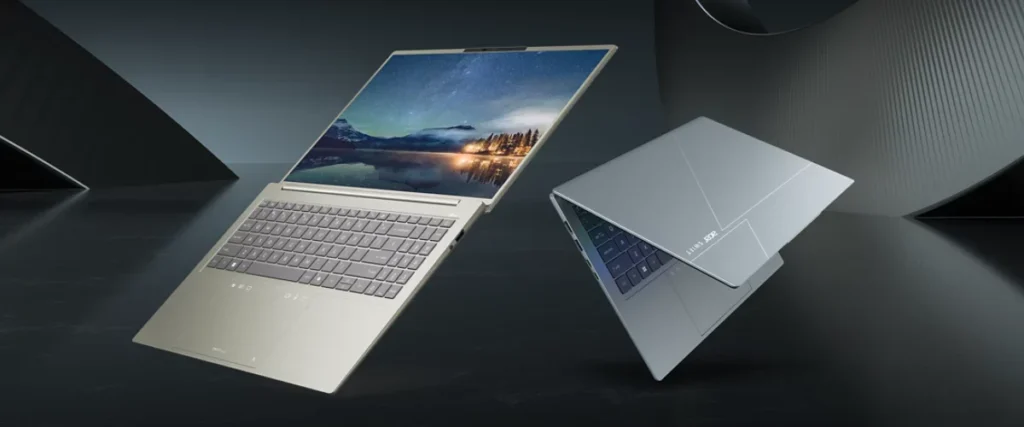 Acer Swift Go 16 AI laptops in silver and blue, one open with a 16-inch OLED screen