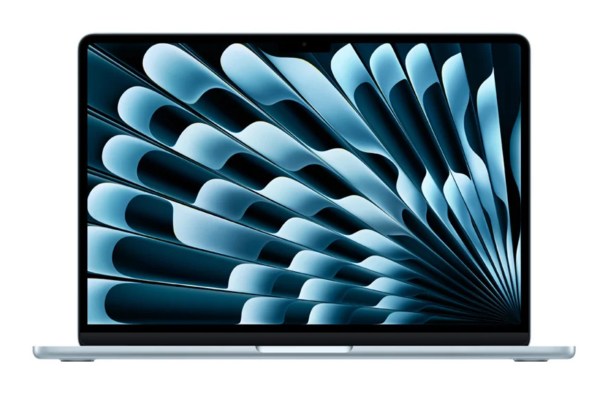 Apple MacBook Air 13-inch with M5 chip in sky blue, open, front view