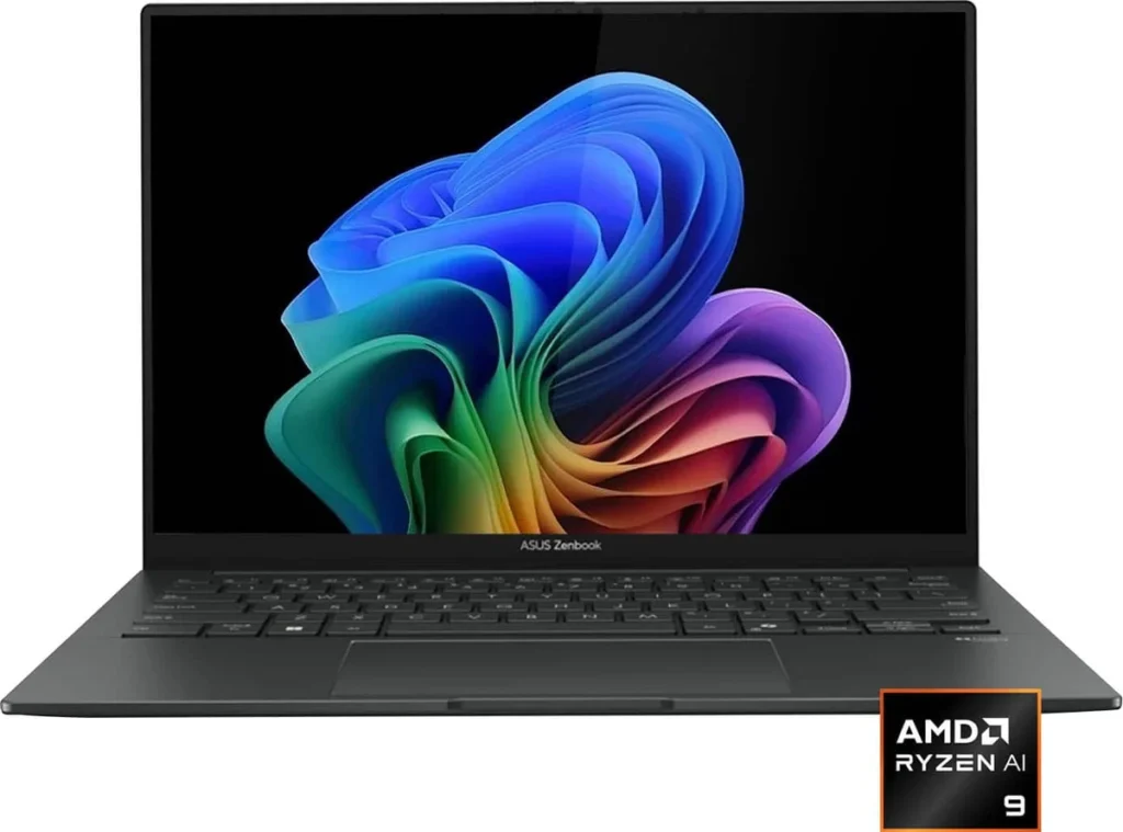 ASUS Zenbook 14 laptop in jasper gray, open, front view, with an AMD Ryzen AI 9 badge