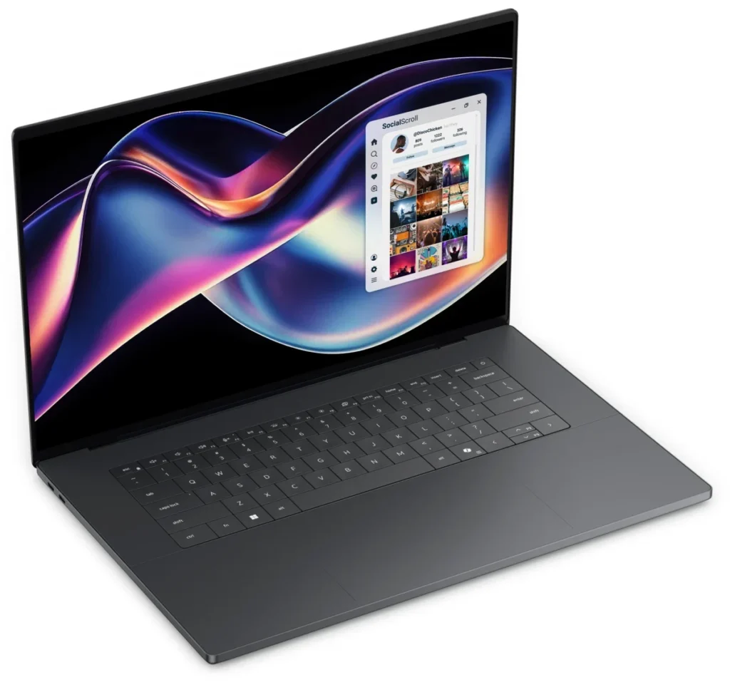 Dell XPS 16 laptop in graphite, open, three-quarter view