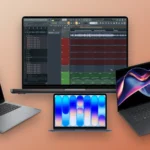 Four laptops for music production on a sand-to-terracotta background: a MacBook Pro showing a real FL Studio Playlist, a Lenovo Yoga Pro 7i, a Dell XPS 16 and a MacBook Neo