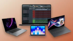 Four laptops for music production on a sand-to-terracotta background: a MacBook Pro showing a real FL Studio Playlist, a Lenovo Yoga Pro 7i, a Dell XPS 16 and a MacBook Neo