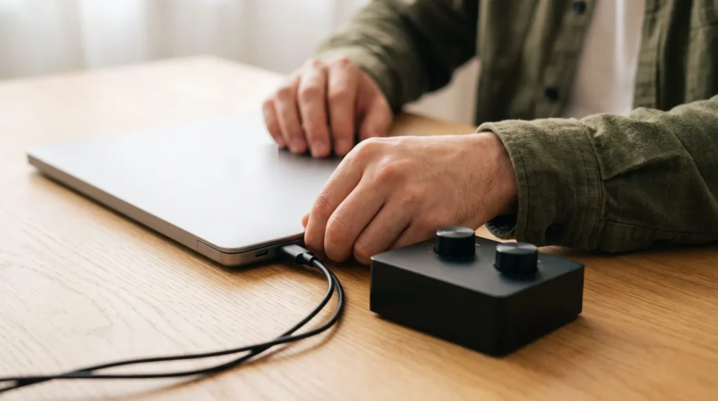 A man's hands plugging a USB-C cable from a small two-knob audio interface into the side port of a thin silver laptop on an oak table