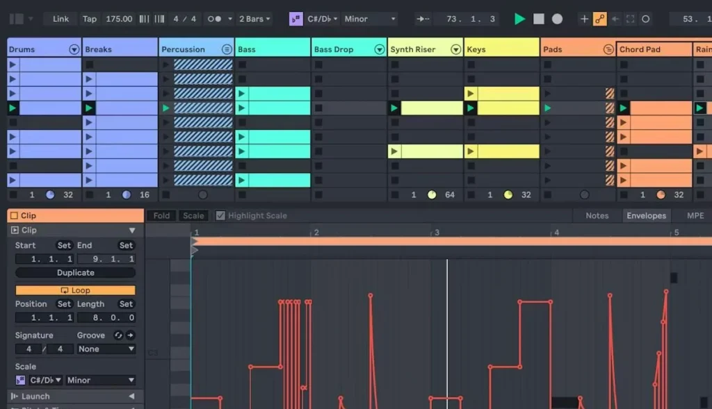 Ableton Live 12 Session View with colored clip slots for drums, bass, keys and pads above the clip editor