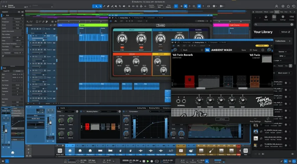 Fender Studio Pro with tracks, Fender amp plugins and the browser open