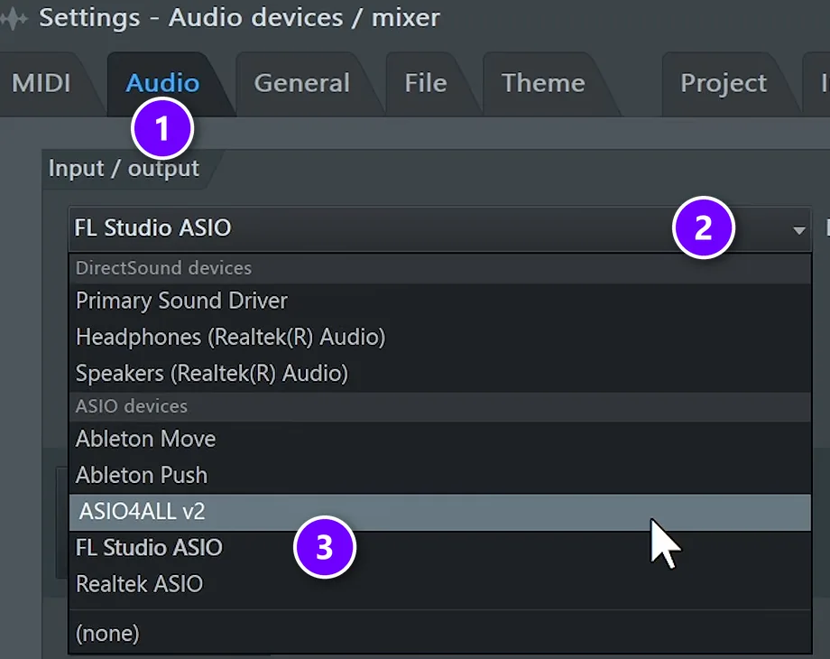 FL Studio Audio settings with the Audio tab, the Device list and FL Studio ASIO numbered 1 to 3