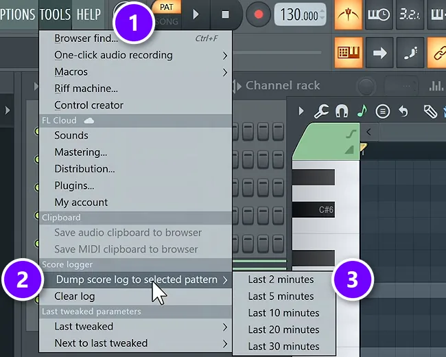 FL Studio Tools menu with Dump score log to selected pattern and the Last 2 minutes option numbered
