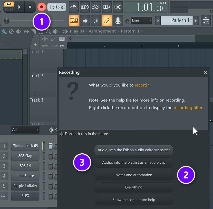 FL Studio record button and the Recording window with Notes and automation and the audio clip option numbered