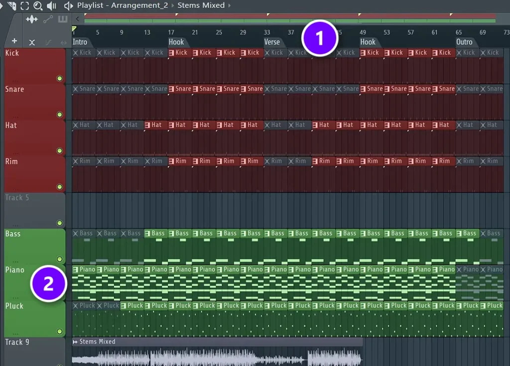 FL Studio Playlist with a full song: Intro, Hook and Verse markers above red drum and green instrument tracks, numbered 1 and 2