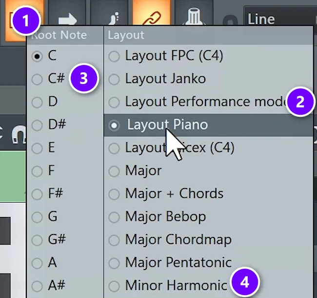 FL Studio typing keyboard menu with the keyboard button, Layout Performance mode, the C# root note and Minor Harmonic numbered 1 to 4