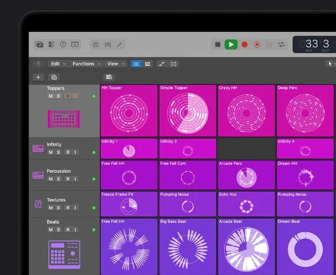 Logic Pro Live Loops grid with colored loop cells for toppers, percussion, textures and beats