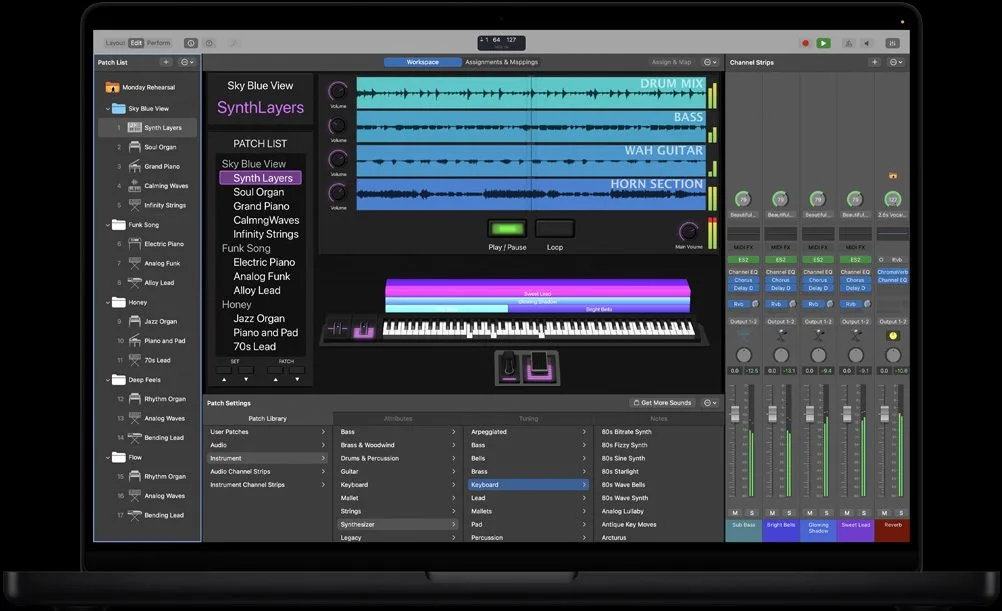 MainStage on a MacBook showing a patch list, layered keyboard sounds and an on-screen keyboard