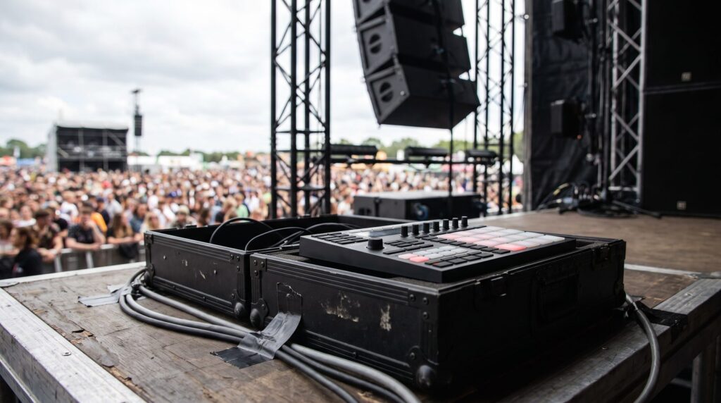 A pad controller with glowing red pads on a road case at the side of an outdoor festival stage on an overcast afternoon