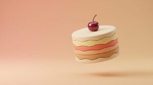 A floating layer cake with wavy, waveform-like layers and one glossy cherry on top, like mastering as the final touch on a good mix