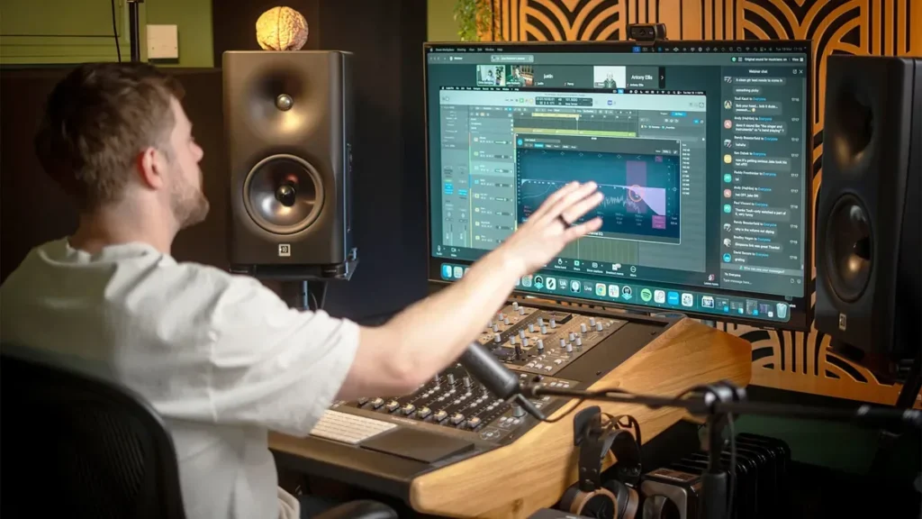 Mastering.com mentor teaching a live online session in a studio, pointing at an EQ on a big screen