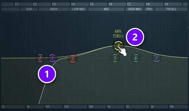 Fruity Parametric EQ 2 on a bass layer with a low cut numbered 1 and a gentle boost numbered 2