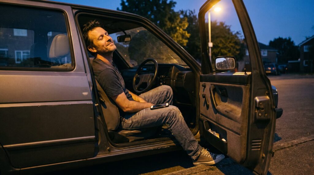 A man in a parked car at dusk, eyes closed, listening to his song on the car speakers