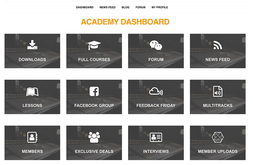 The Produce Like A Pro Academy dashboard with tiles for full courses, Feedback Friday and multitracks