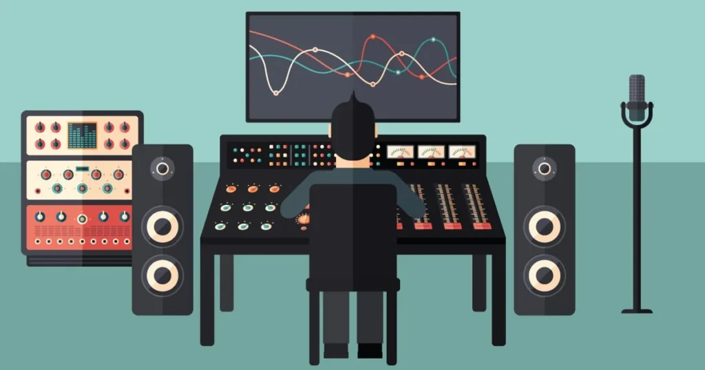 SoundGym illustration of a producer at a mixing console with EQ curves on a big screen