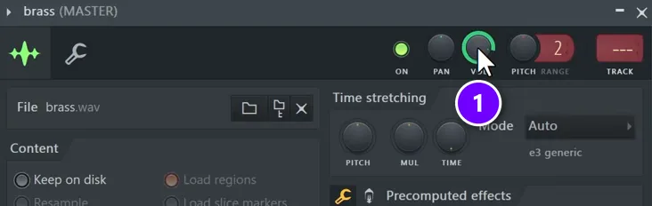 FL Studio channel settings for a brass sample, with the volume knob numbered 1