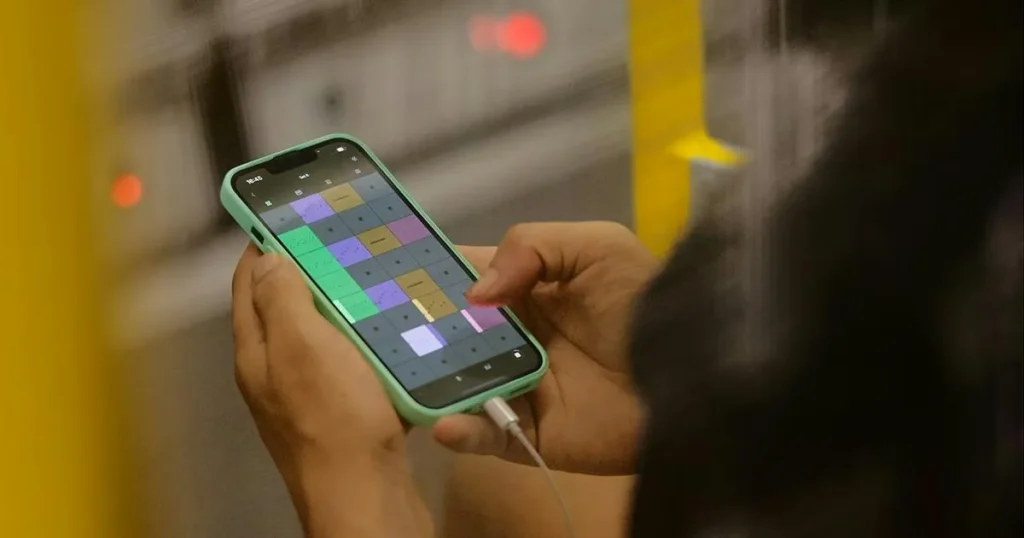 Hands holding a phone with Ableton Note's colored pad grid on screen