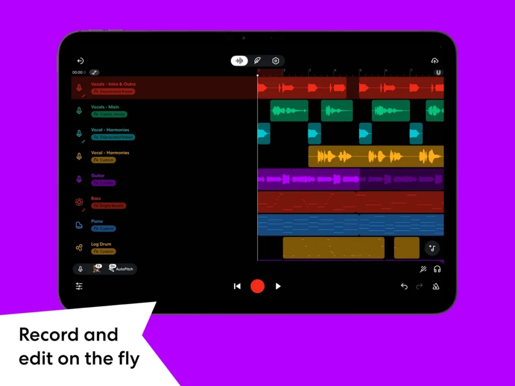 BandLab app on an iPad with a multitrack song of vocals, guitar, bass and drums