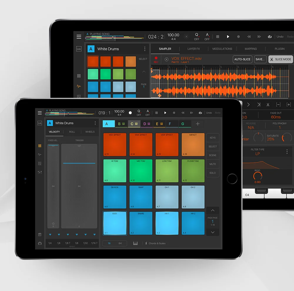 BeatMaker 3 on two iPads, with colored sample pads, a waveform in slice mode and the pattern editor, shown by INTUA