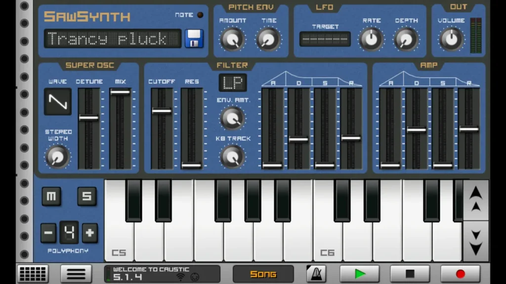 Caustic 3's SawSynth machine with its filter, envelope and LFO sliders above a piano keyboard