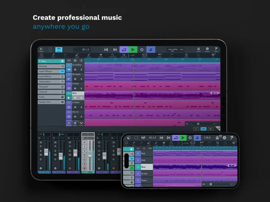 Cubasis 3 by Steinberg on an iPad and an iPhone with tracks, a mixer and MIDI parts