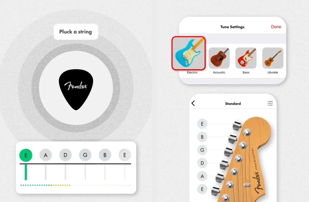 Fender Tune app screens: the auto tuner with a guitar pick and string row, and the electric, acoustic, bass and ukulele picker