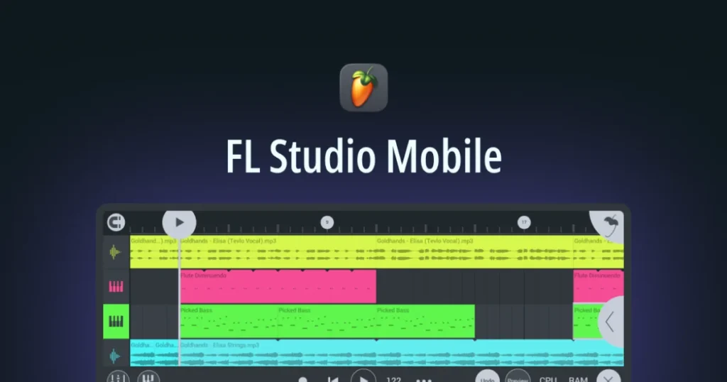 FL Studio Mobile app with its colorful Playlist of beat and melody patterns, shown by Image-Line