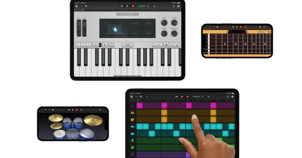 GarageBand on iPad and iPhone showing a Touch keyboard, a guitar fretboard, drums and the Live Loops grid