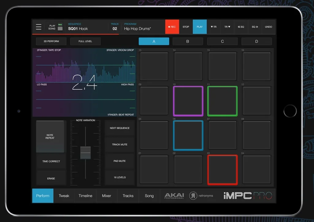 iMPC Pro 2 on an iPad with its 16 MPC pads, Note Repeat and 16 Levels buttons and a touch effects pad