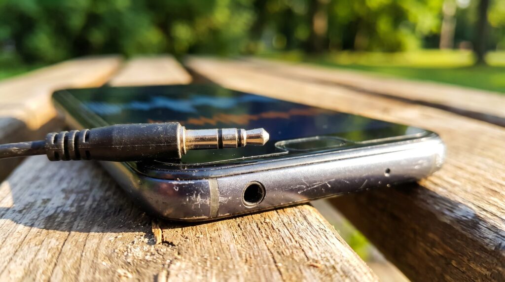 A wired earphone plug resting next to the headphone socket of a phone on a sunny park bench, the one piece of gear you really need