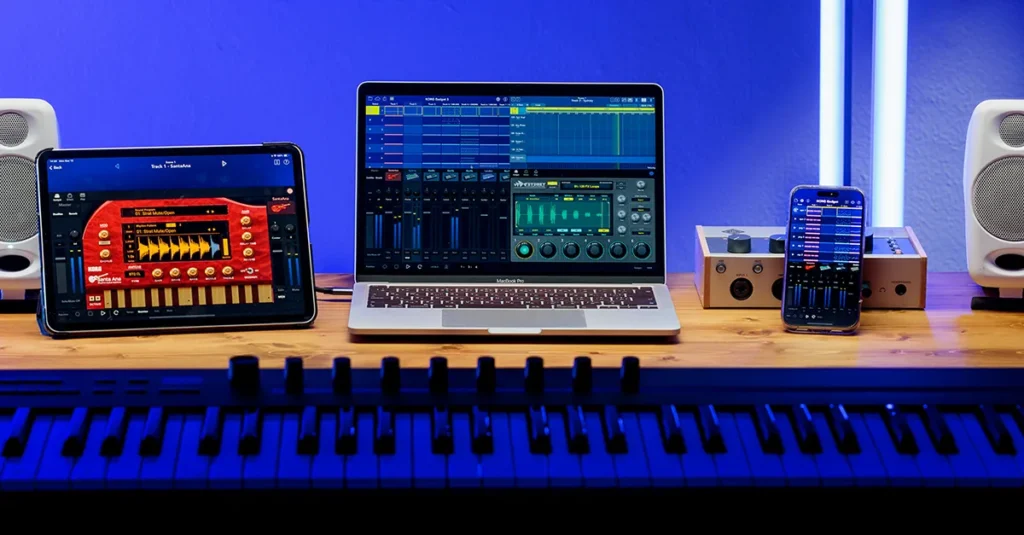 KORG Gadget 3 running on an iPad, a MacBook and an iPhone on a studio desk with a keyboard