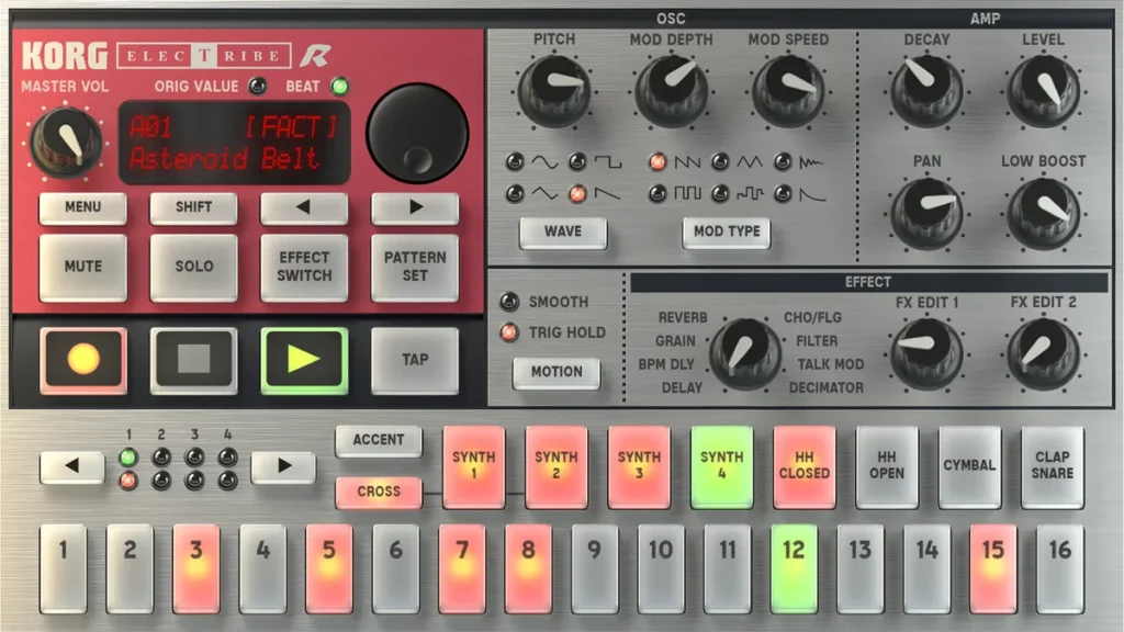 KORG iELECTRIBE app screen with the ELECTRIBE-R knobs, synth and drum part buttons and 16 step buttons