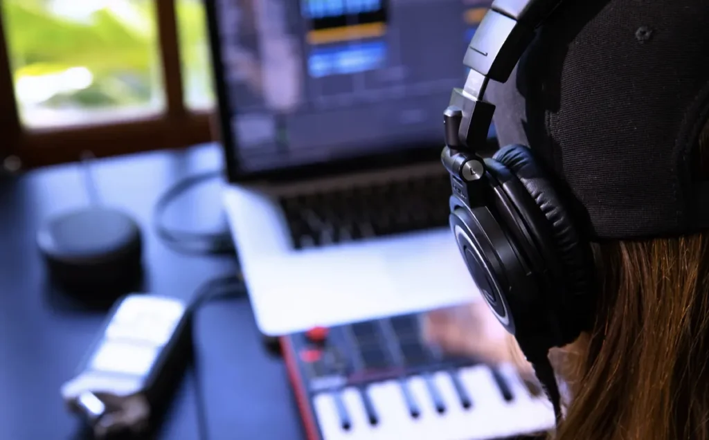 343 Labs image of a producer in headphones at a laptop with a small MIDI keyboard