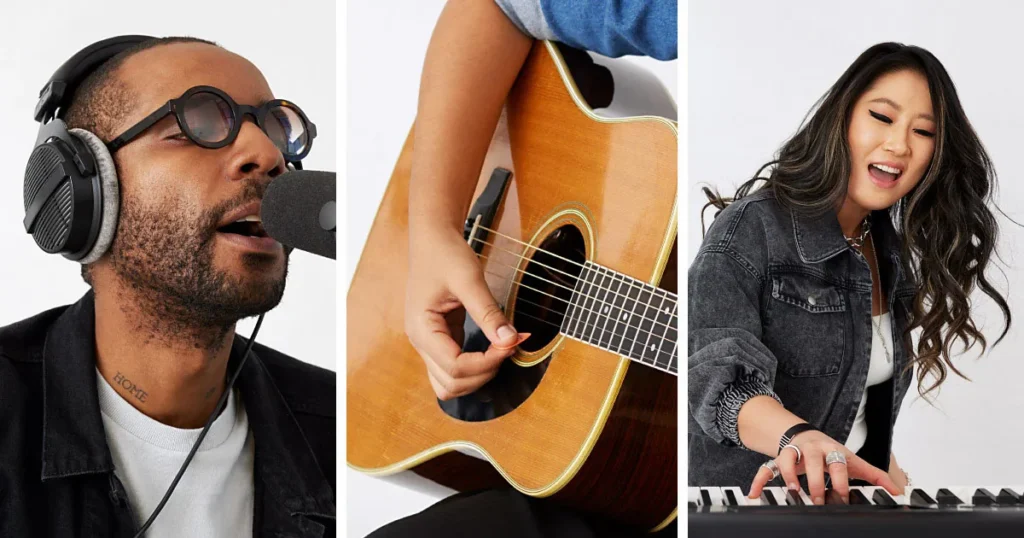 Berklee Online promo image of a singer, a guitarist and a keyboard player