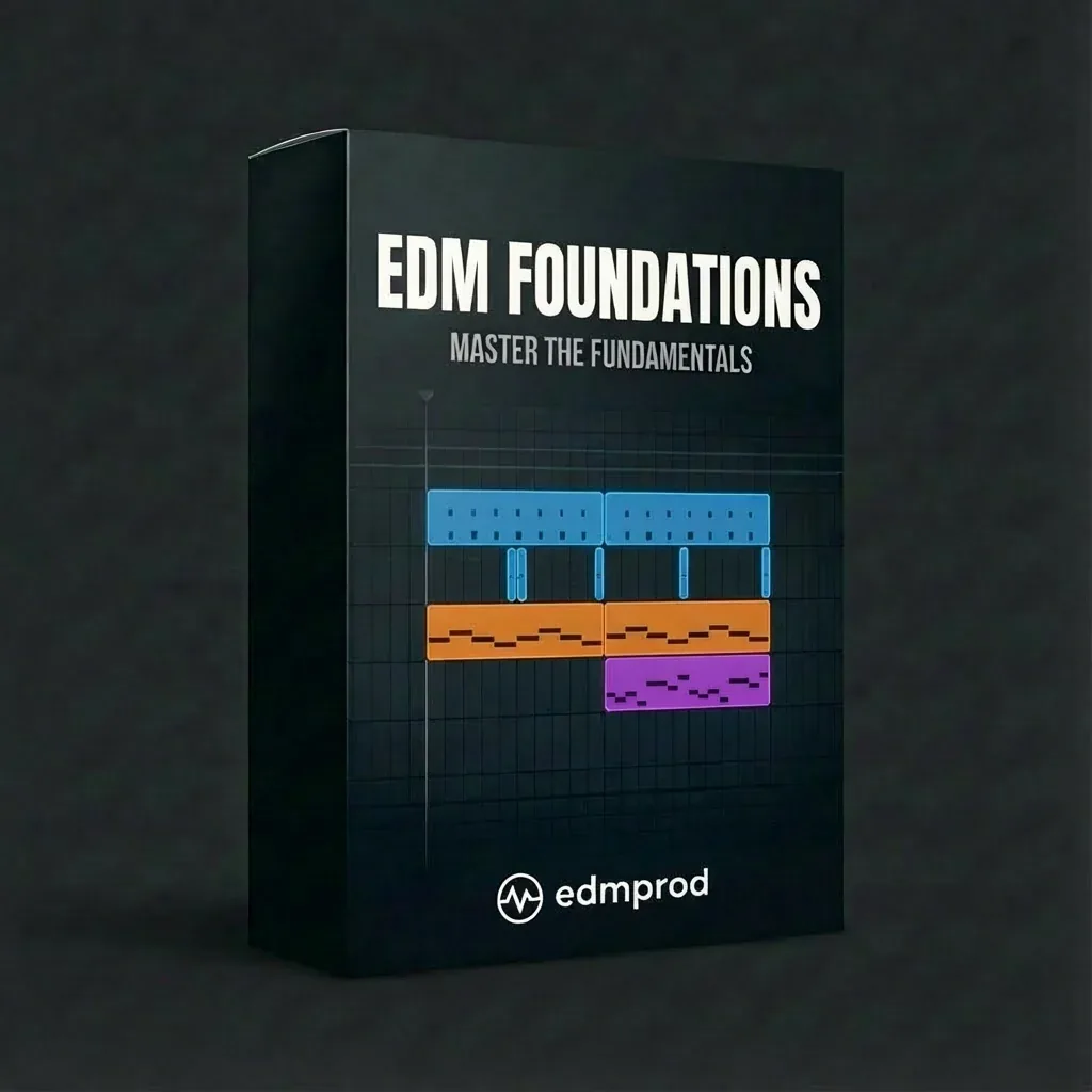 EDMProd EDM Foundations product box with colored DAW clips on a dark grid