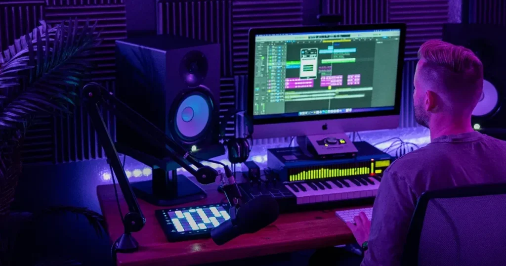 Hyperbits Masterclass image of a producer at a studio desk with monitors, a MIDI keyboard and pads