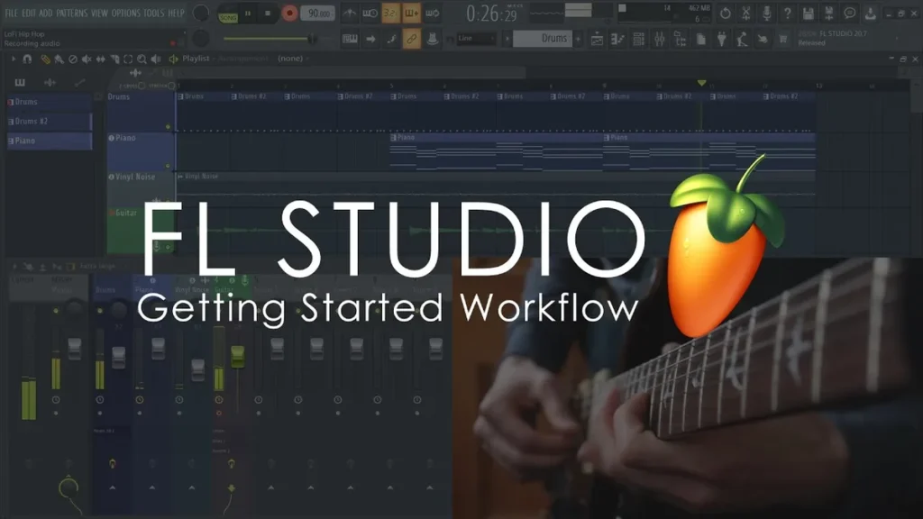 Image-Line thumbnail for FL Studio Getting Started Workflow, over the FL Studio Playlist and Mixer with a guitarist