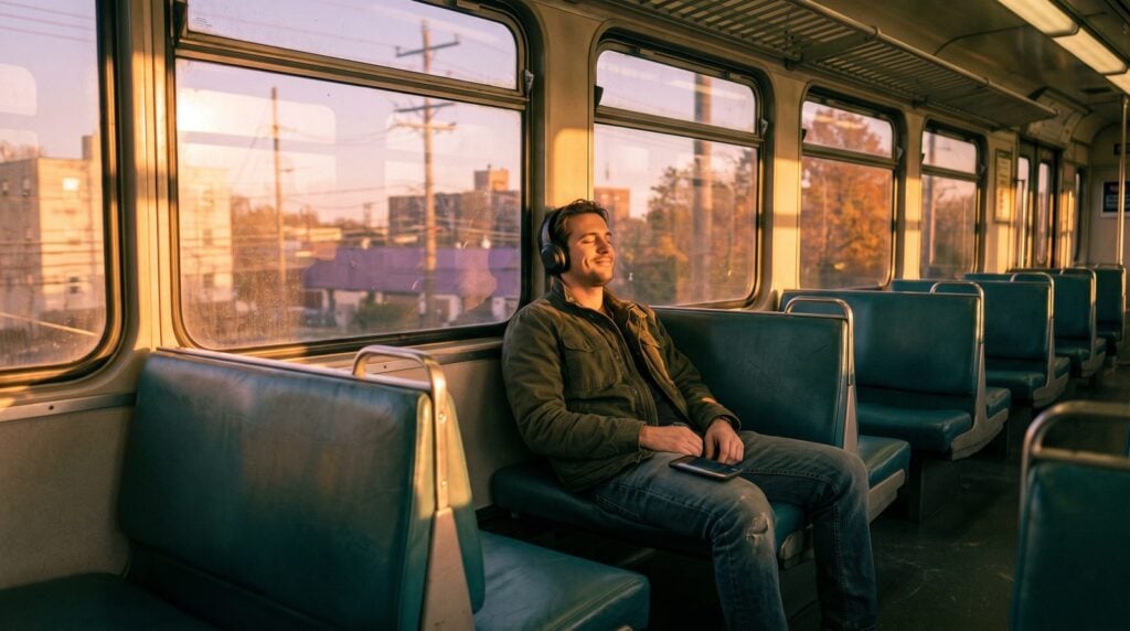 Man in his forties on an empty commuter train at golden hour, eyes closed and smiling as he listens on headphones
