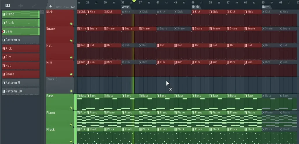 FL Studio Playlist from Max's free Mix Elite class, with drum, bass, piano and pluck patterns arranged under Verse, Hook and Outro markers