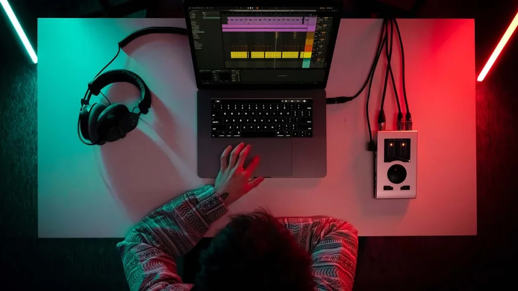 Noiselab image of a producer at a laptop running Ableton Live, with headphones and an audio interface, seen from above