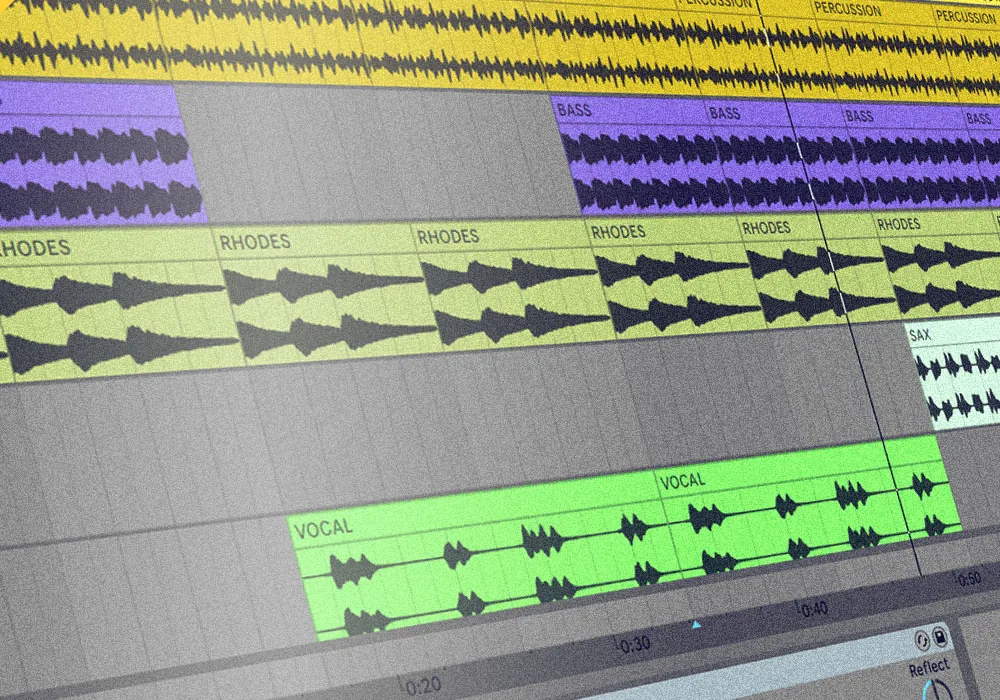 Producertech image of an Ableton Live arrangement with percussion, bass, Rhodes, sax and vocal clips